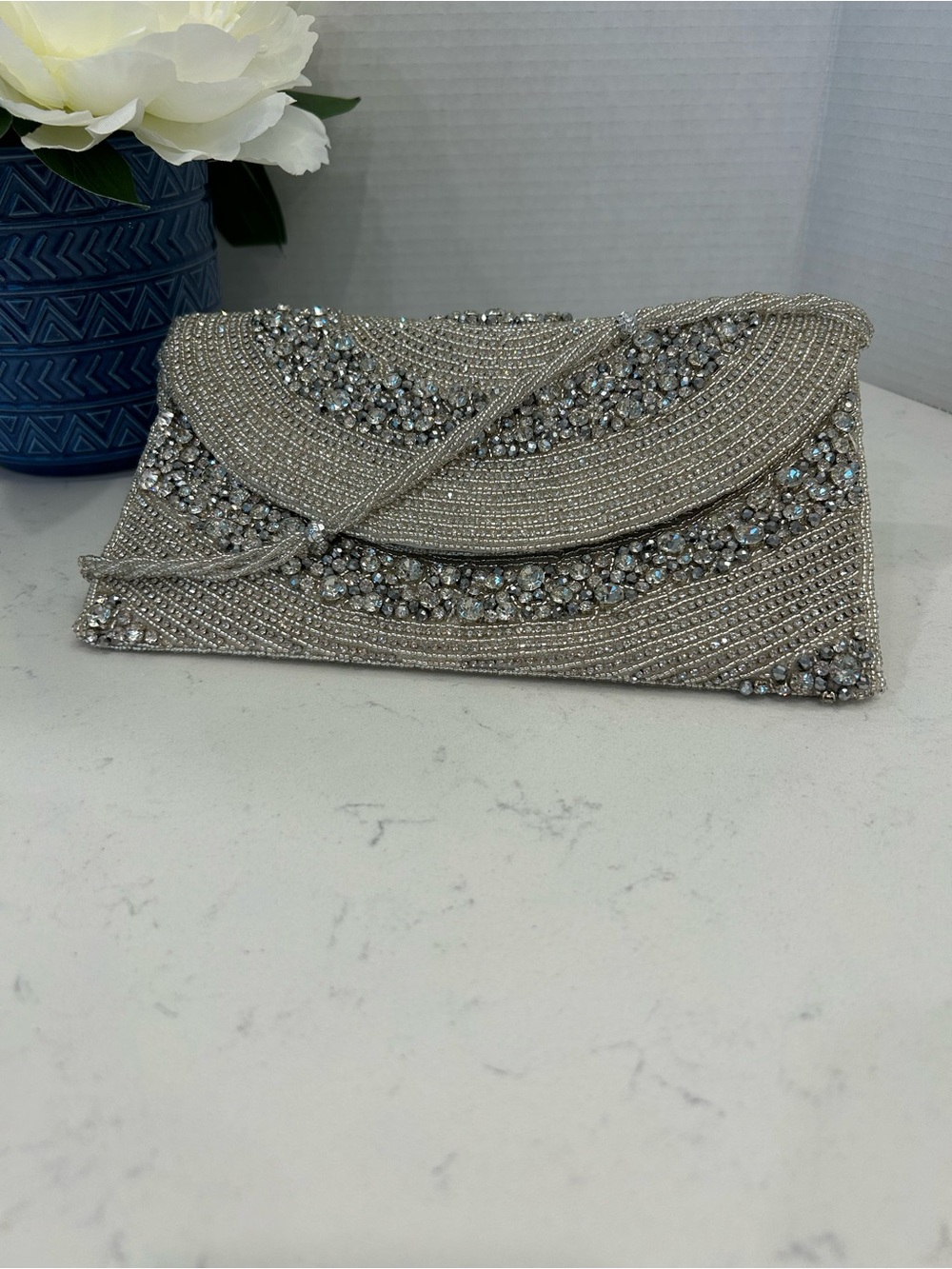 Crystal-Embellished Silver Evening Clutch-Bridal/Formal